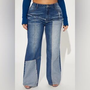 Onto The Next Patchwork Wide Leg Jeans - Medium Wash size 18